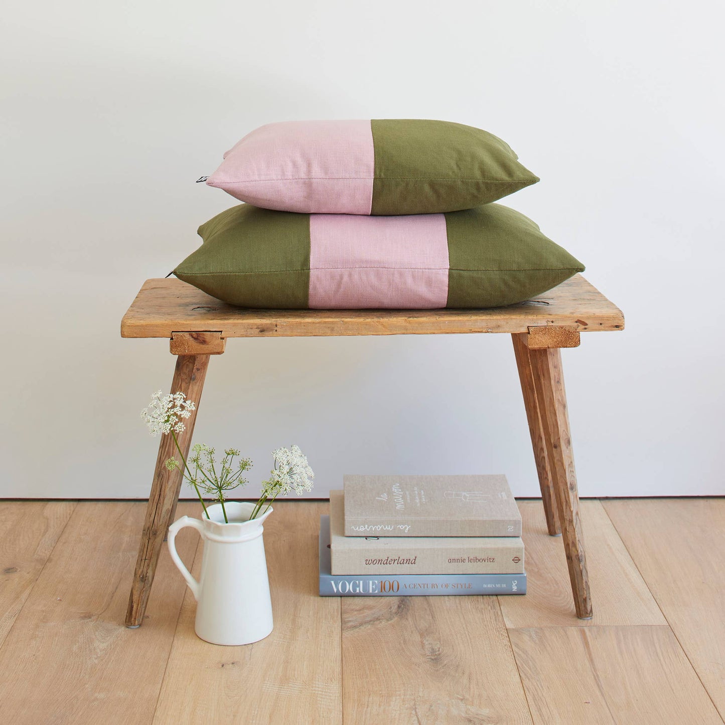 Double Colour Block Linen Cushion - Dusky / Jungle